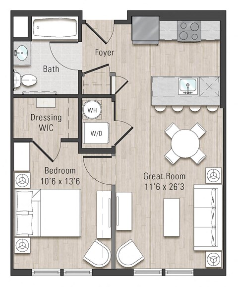 Floor plan for 1 bed, 1 bath, 625 sqft